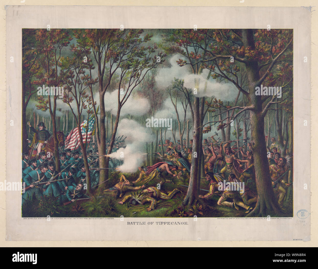 Schlacht von Tippecanoe Abstract: Drucken zeigt die amerikanischen Truppen unter der Führung von General William Henry Harrison Kämpfen der indischen Truppen des Propheten, Tenskwatawa (der Bruder von Tecumseh) in einem Wald. Tenskwatawa war Teil der indischen Tecumseh der Eidgenossenschaft. Stockfoto