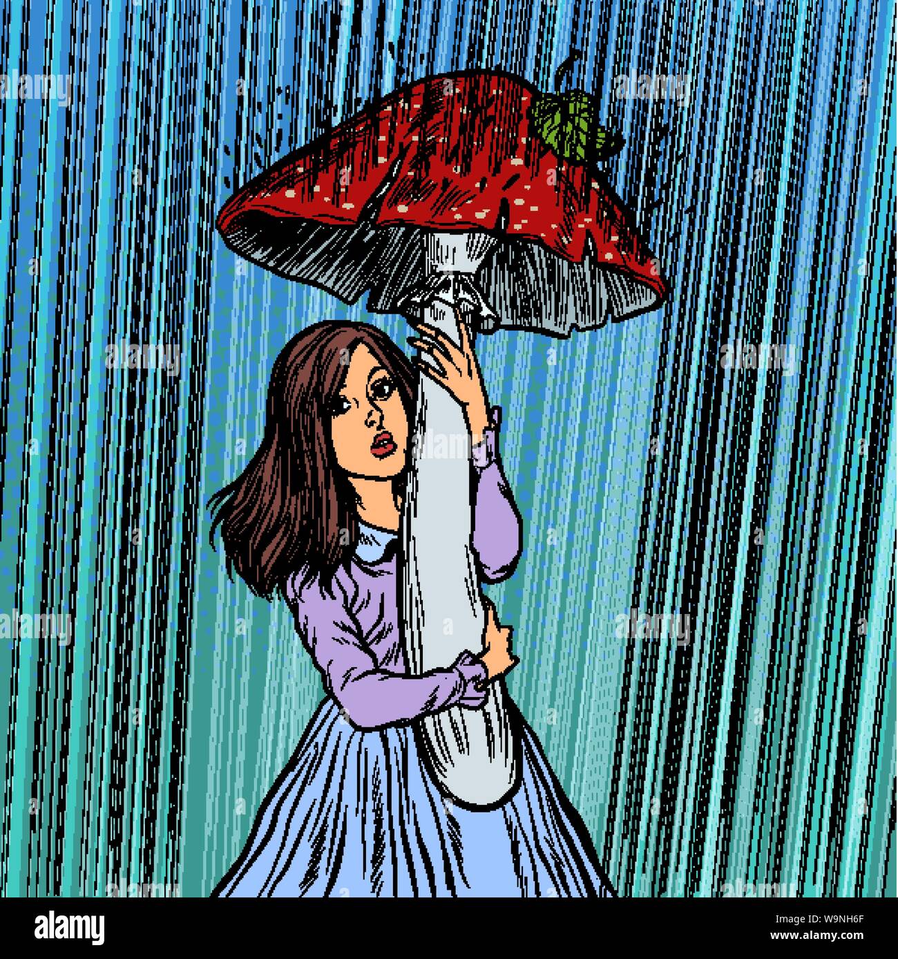 Mädchen im Regen versteckt unter einem Pilz Stock Vektor