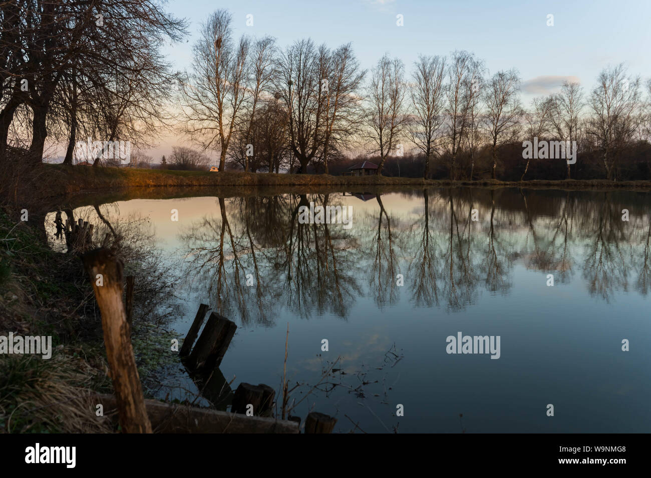 Spiegelung der Bäume, die in der Nähe von Teich und Häuser im Hintergrund auf dem Sunset Landschaft gewachsen Stockfoto
