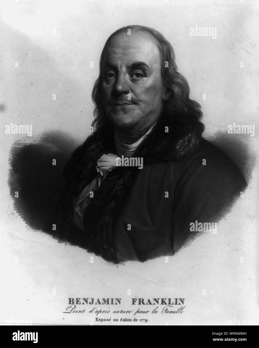 Benjamin Franklin - peint d'après Nature pour la famille - Exposé au Salon de 1779 Abstract: Drucken zeigt Benjamin Franklin, mit Kopf und Schultern im Porträt, mit leicht nach links. Stockfoto