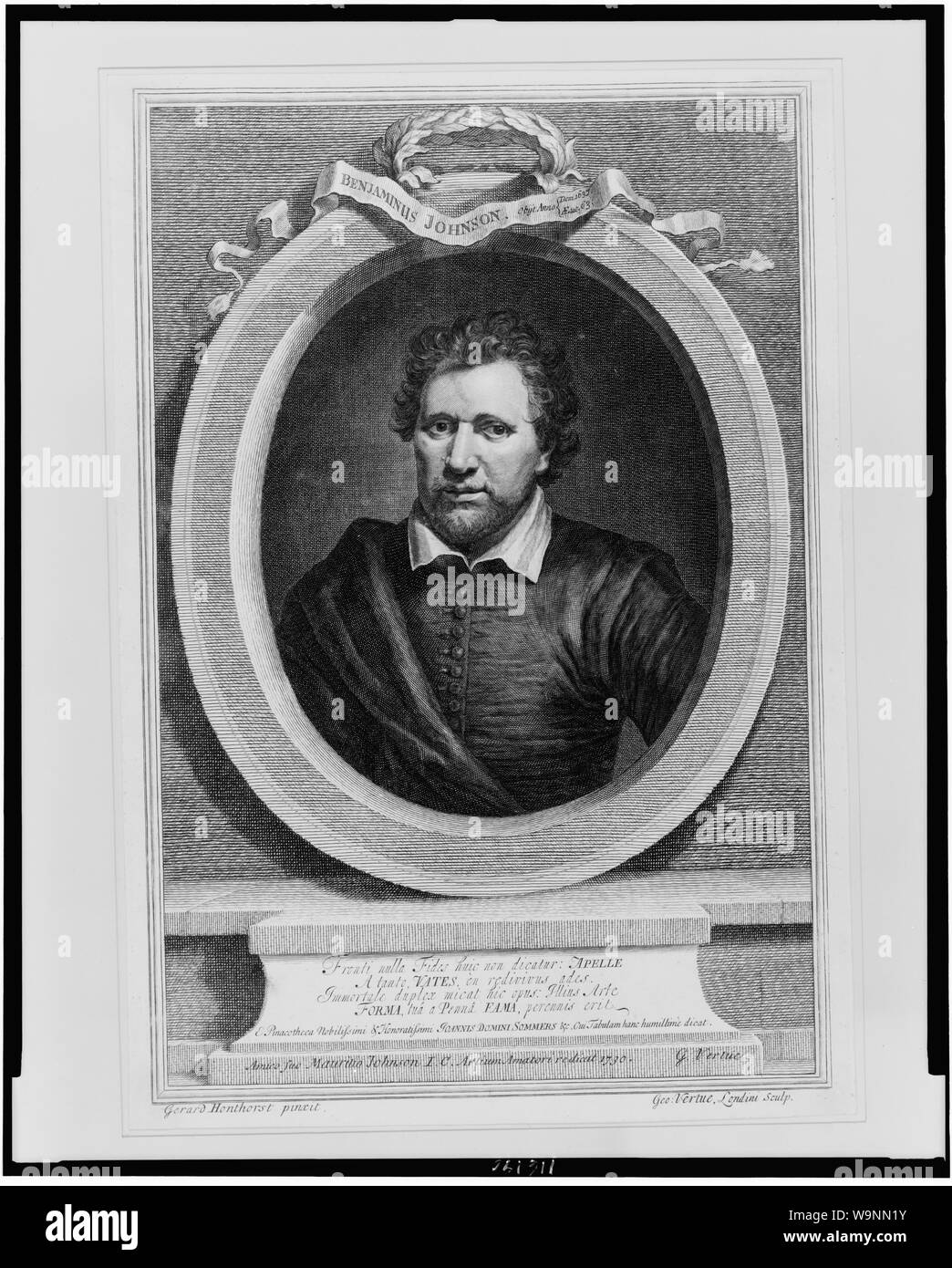 Benjamin Johnson, englischer Schauspieler, Kopf und Schultern im Porträt vor etwas nach links, in dekorativer Ovaler Rahmen] / Gerard Honthorst pinxt; Geo. Vertue, Londini sculp Stockfoto