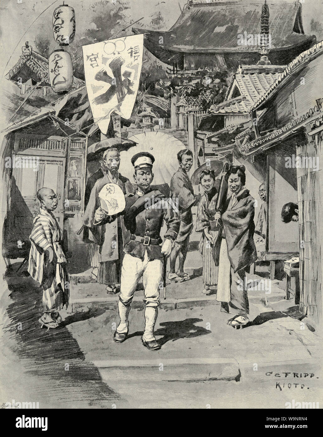 [1890s Japan - Sino-japanischen Krieg (1894-1895)] - ein japanischer Soldat Wanderungen durch die Straßen von Kyoto während des Ersten Japanisch-Chinesischen Krieges (1894 - 1895). Veröffentlicht in der britischen Wochenzeitung Die Grafik am 30. November 1895 (Meiji 28) dargestellt. Kunstwerke, die von den kanadischen Maler und Illustrator Charles Edwin Fripp (1854-1906). Original Text: "Die Süßigkeiten der Sieg: street scene in Japan nach dem Krieg." aus dem 19. Jahrhundert vintage Zeitung Abbildung. Stockfoto