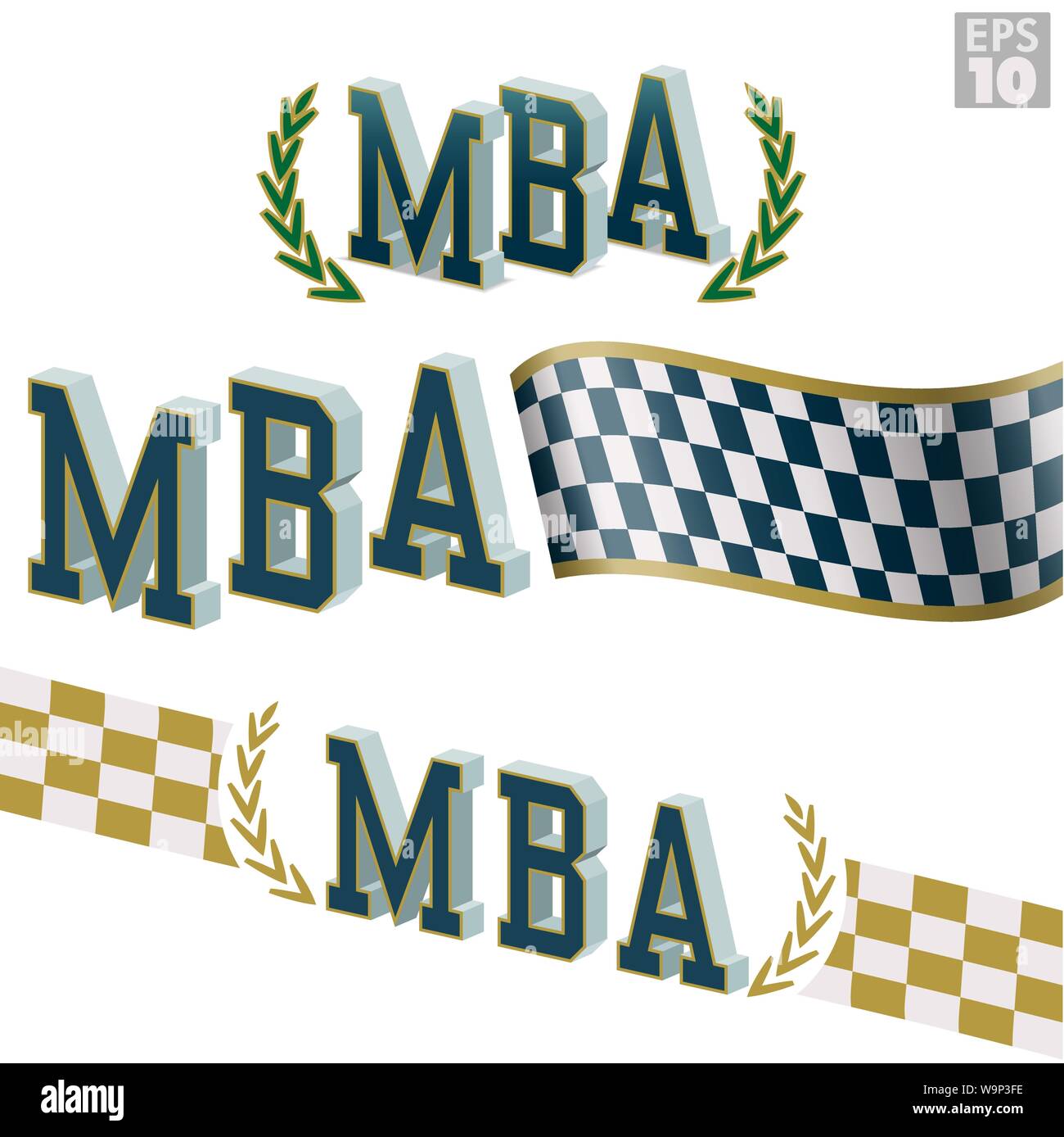 MBA, Master of Business Administration mit Lorbeerkranz und Zielflagge für schnelle schnelle Ausbildung oder Hochschule Kurs. Stock Vektor