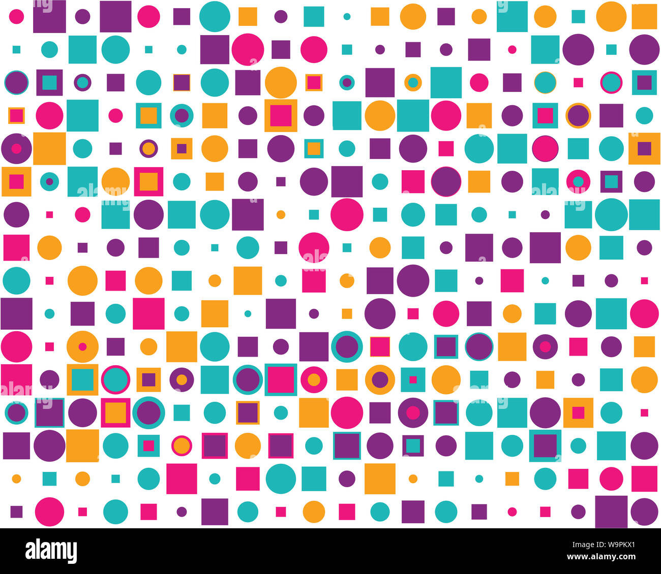 Muster mit farbigen Quadraten und Kreisen, nahtlose Vektor Hintergrund Stockfoto