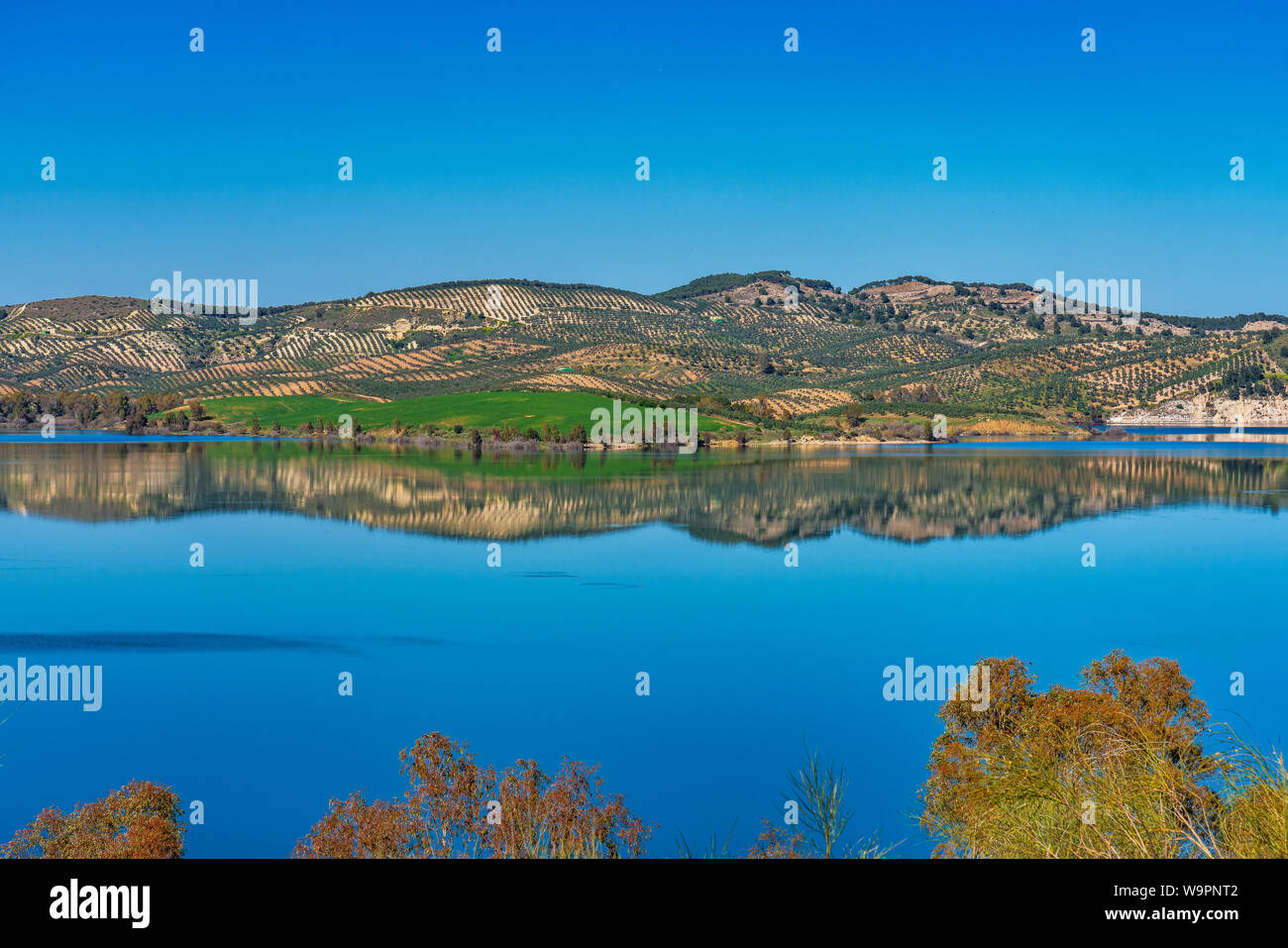 Schöne Sicht auf den See Embalse del Guadalhorce, Ardales Behälter in der Provinz Malaga, Andalusien, Spanien Stockfoto