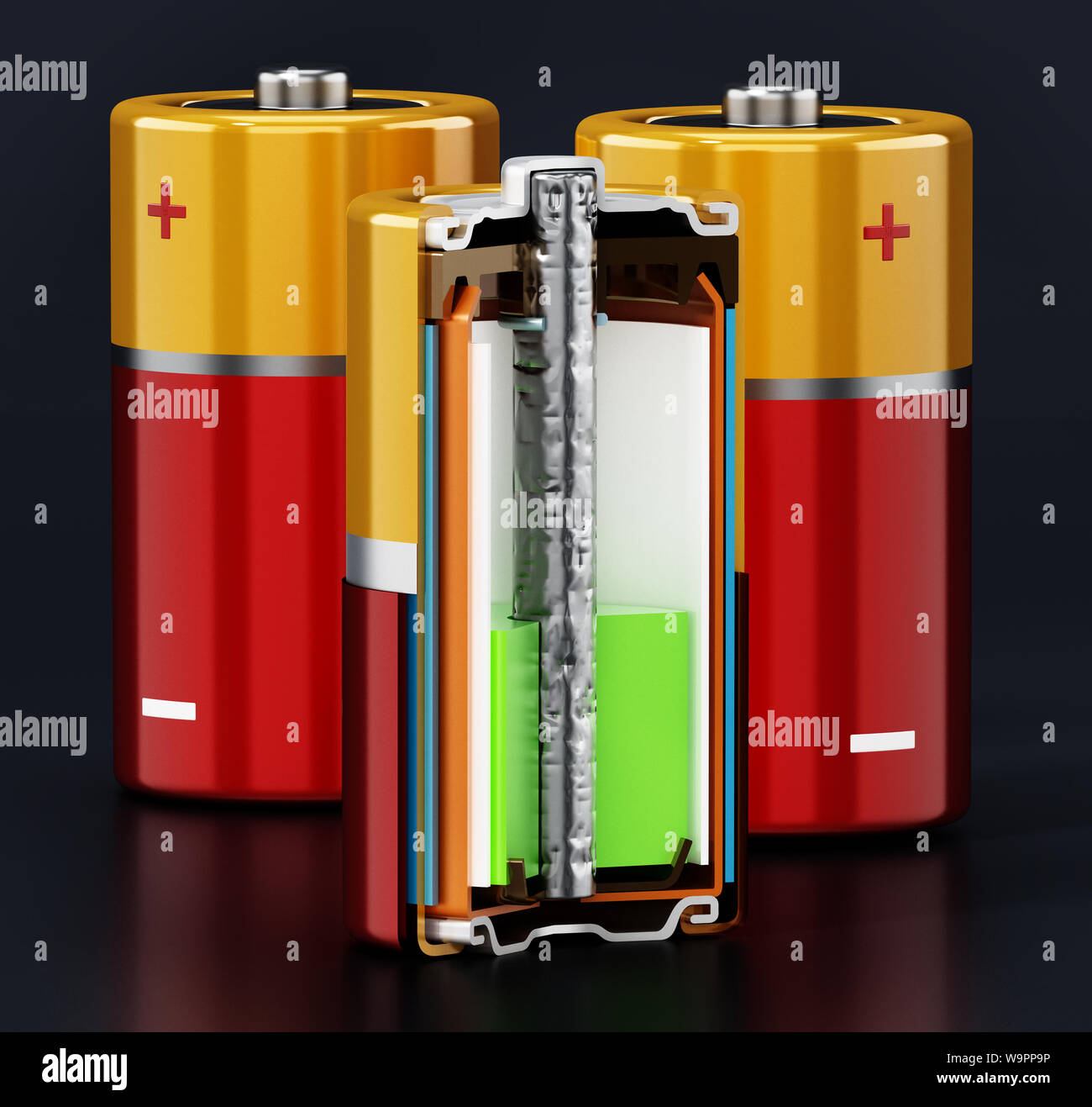 Bild zeigt Querschnitt einer alkalischen Batterie. 3D-Darstellung. Stockfoto