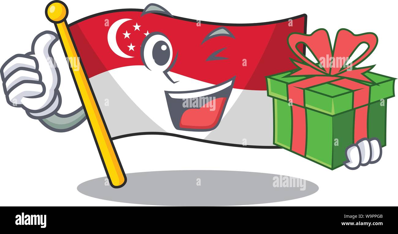 Mit Geschenk Flagge Singapur mit dem Charakter isoliert Stock Vektor