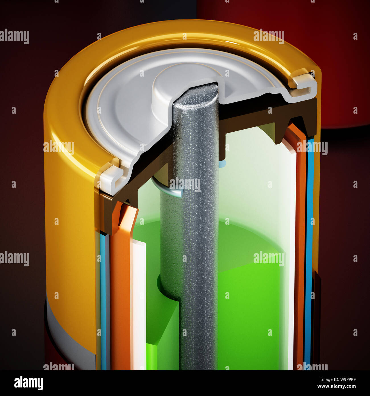 Bild zeigt Querschnitt einer alkalischen Batterie. 3D-Darstellung. Stockfoto