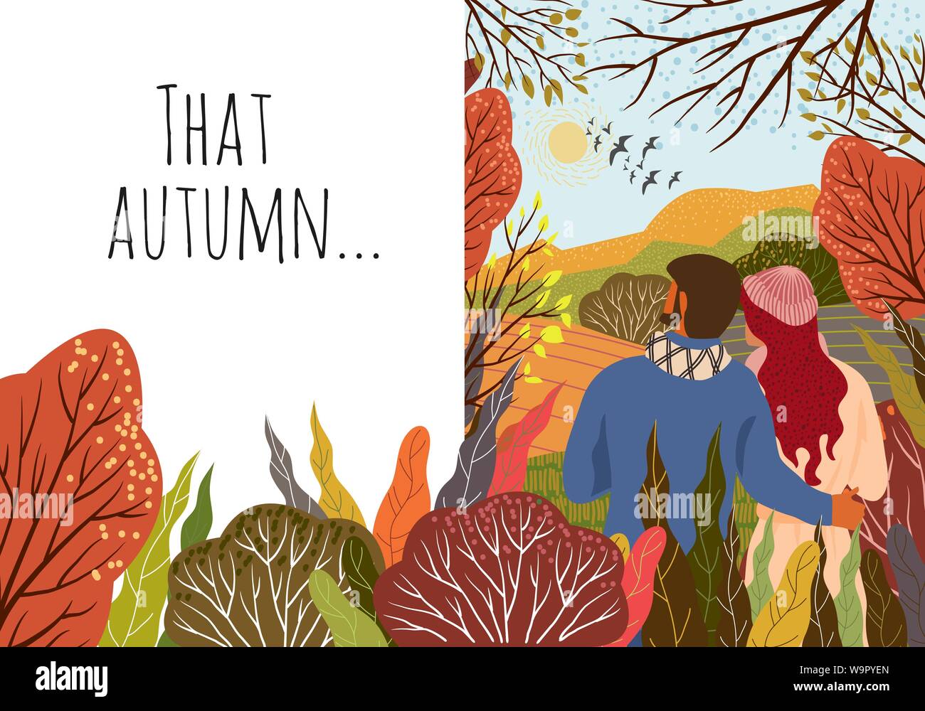 Junges Paar auf einem Hintergrund von Herbst Landschaft Hügel, Bäume, Vögel, natürliche Landschaft in eine trendige flach Niedlichen Stil. Vektor Stock Vektor