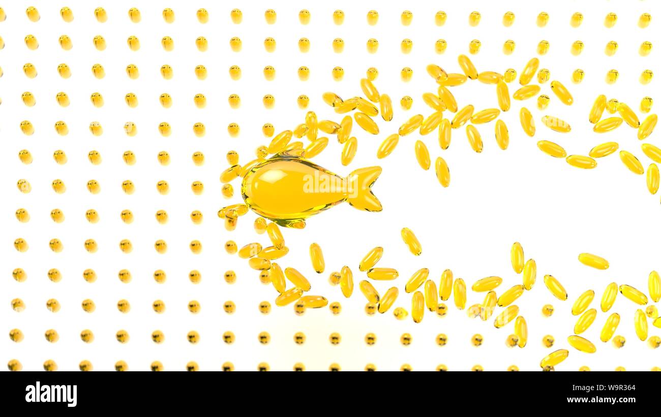 3D-rendering Fischöl Fisch schwimmen durch Kapseln Nahrungsergänzungsmittel gesund leben Omega 3 Stockfoto