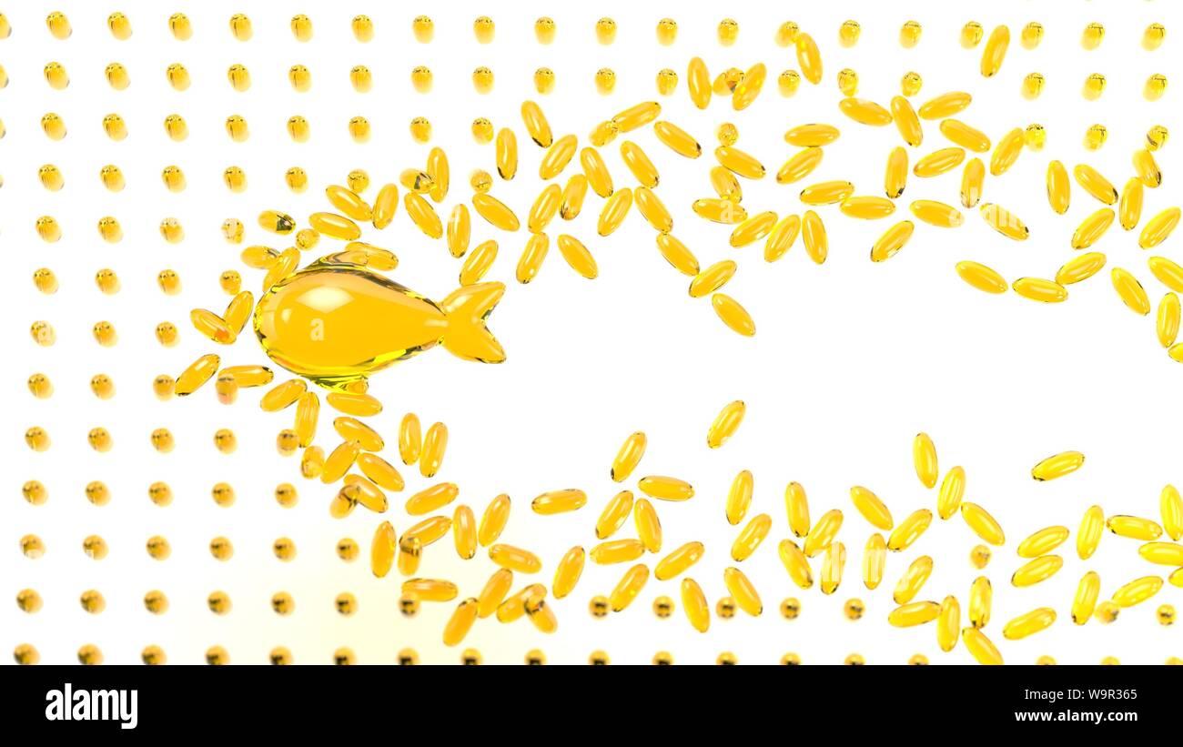 3D-rendering Fischöl Fisch schwimmen durch Kapseln Nahrungsergänzungsmittel gesund leben Omega 3 Stockfoto