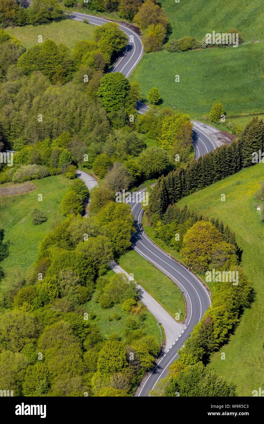 Luftaufnahme, kurvenreiche Straße durch Wald und Wiesen in Breckerfeld, Ruhrgebiet, Sauerland, Land Nordrhein-Westfalen, Deutschland Stockfoto