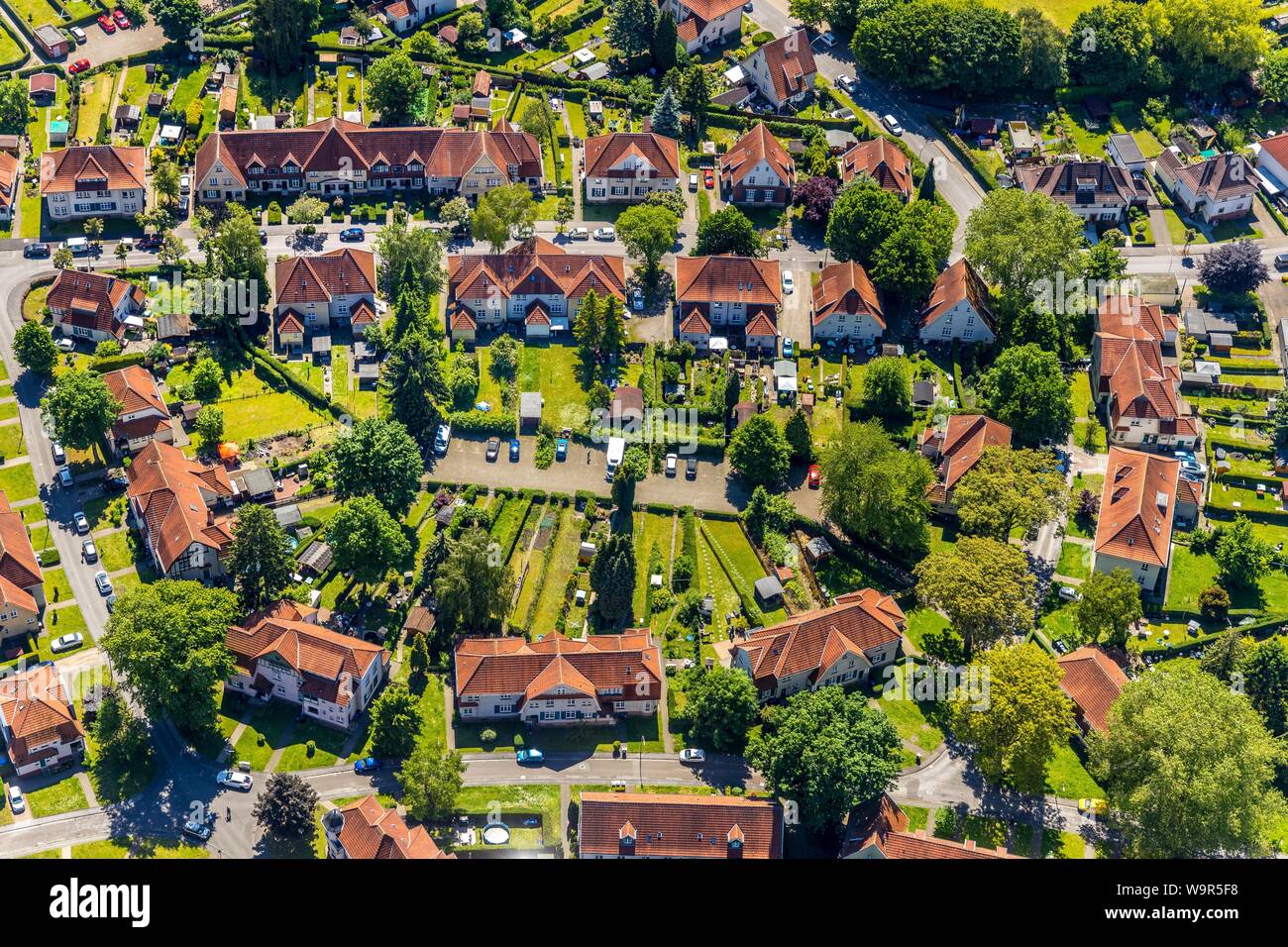 Luftaufnahme, historische Bergarbeiter Siedlung, zeche Häuser, Garden City in Herne-Bornig Teutoburgia, Herne, Ruhrgebiet, Nordrhein-Westfalen Stockfoto