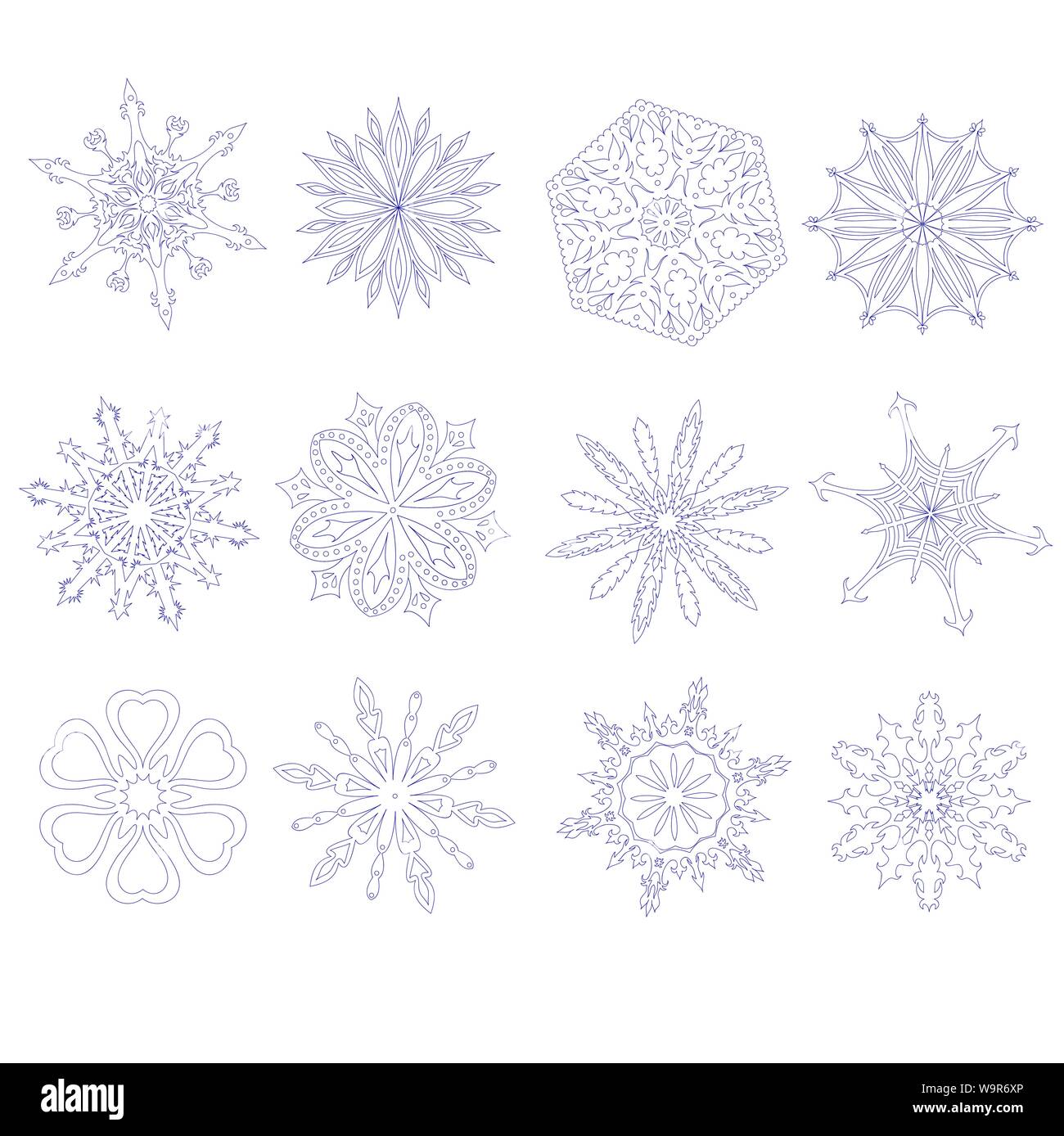 Set mit 12 verschiedenen Vektor Schneeflocken. Kann für Weihnachten oder Winter Design verwendet werden. Stock Vektor