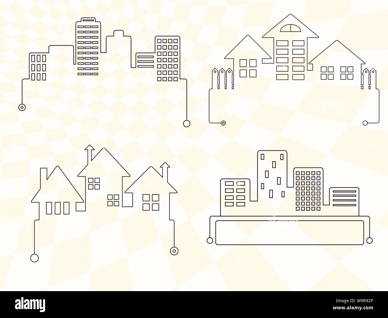 Sammlung von einfachen Vektor Icons mit Land und moderne Häuser. Auf kariertem Hintergrund Stock Vektor