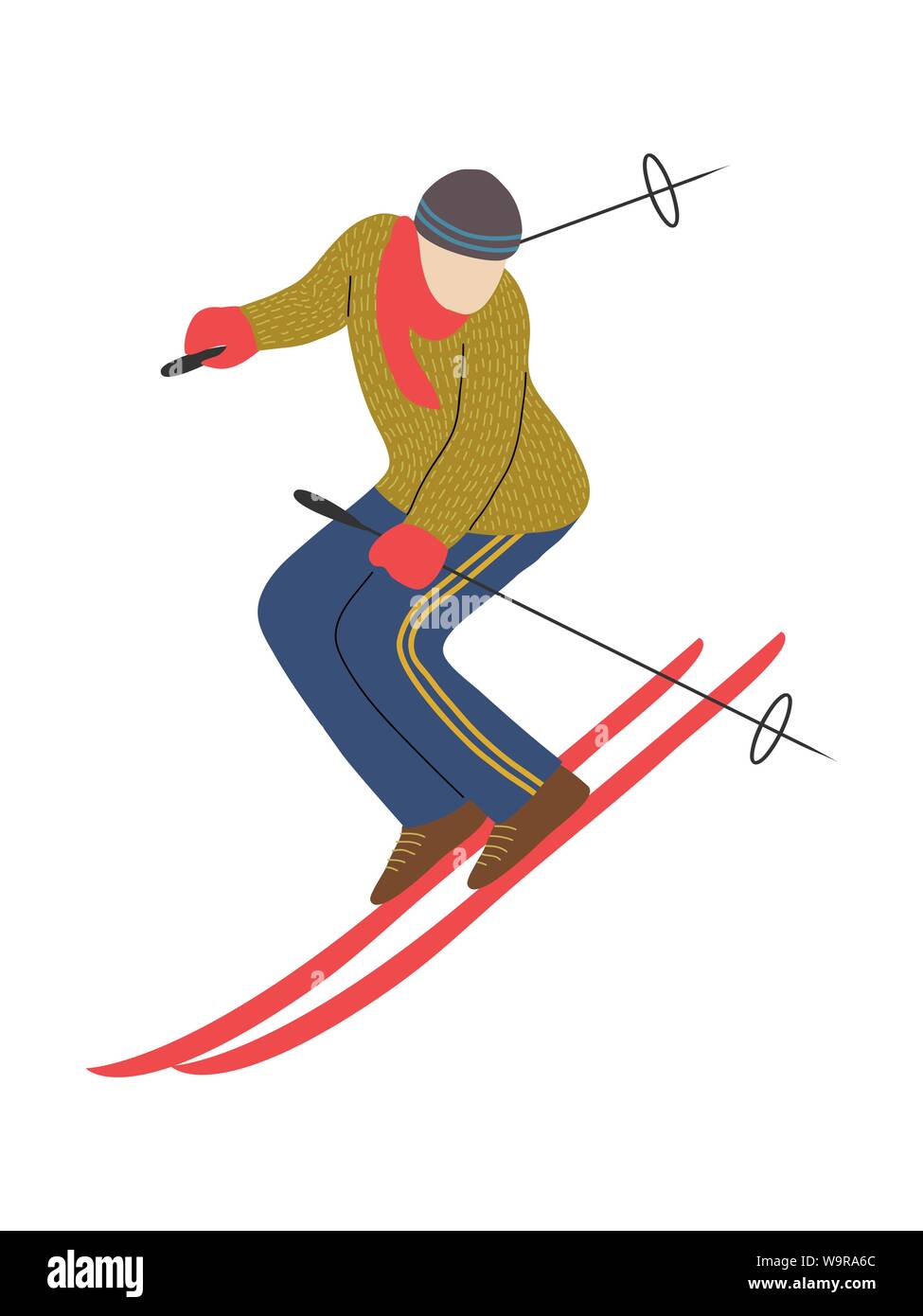 Skifahrer auf weißem Hintergrund. Man Skifahren. Flachbild cartoon Niedlichen Stil Design. Athleten auf der Abfahrt. Freehand Vector Illustration Stock Vektor