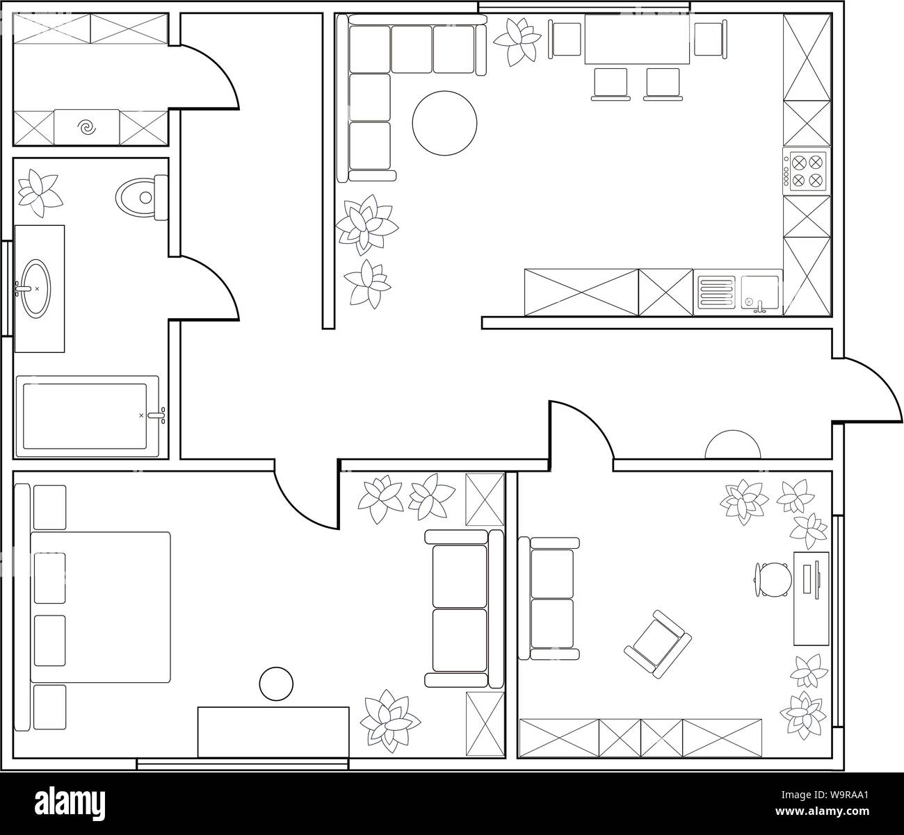 Abstract vector Plan der 1-Schlafzimmer Appartement mit Küche, Bad, Waschküche, Schlafzimmer, Wohnzimmer, Esszimmer Stock Vektor