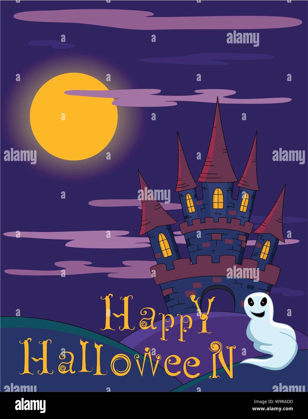 Vektor Halloween Hintergrund mit Spooky Castle, Vollmond Nacht Himmel mit Wolken, Hügel. In doodle style Skizze. Inschriften Happy Halloween und ghos Stock Vektor