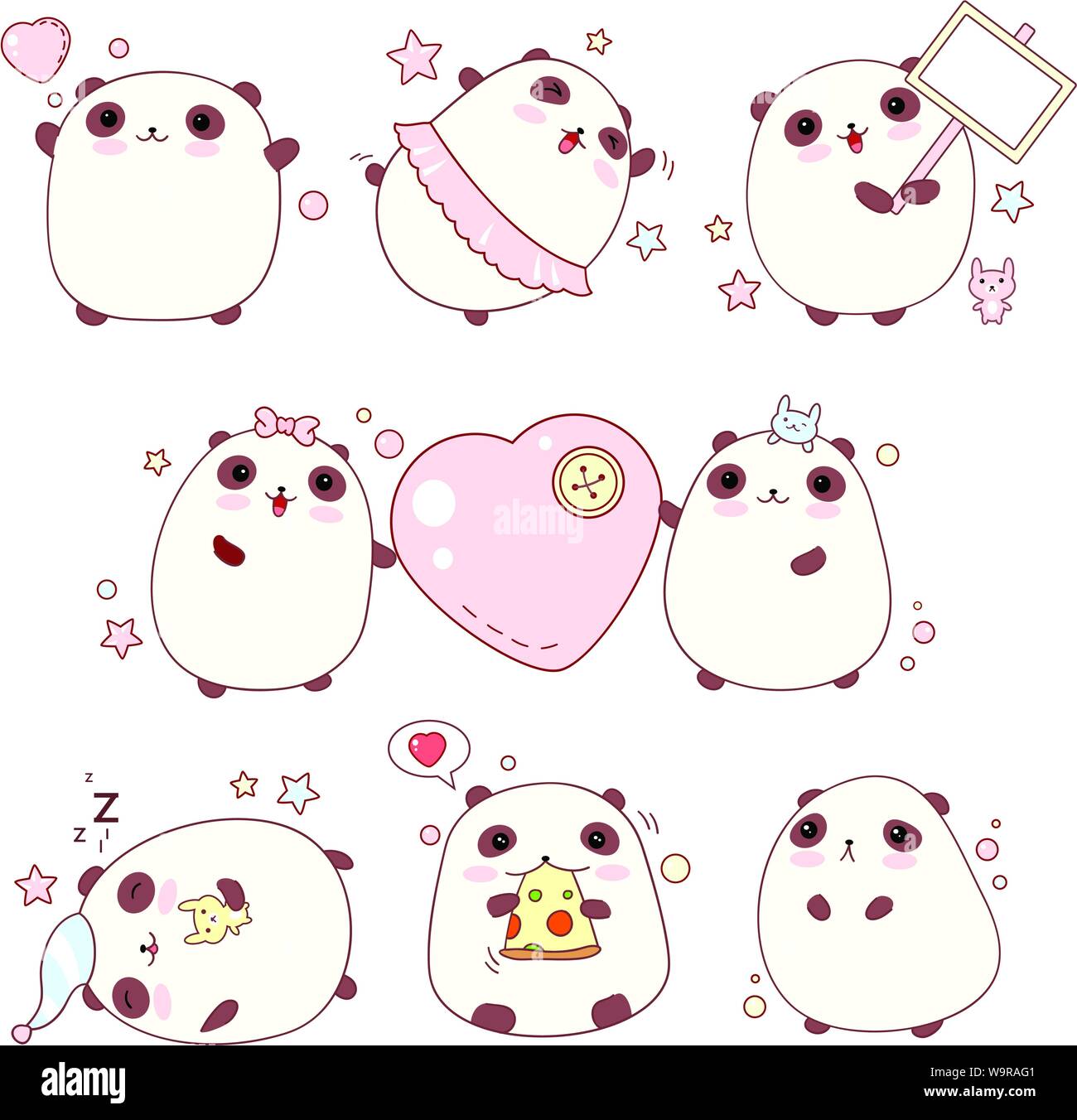 Sammlung der niedliche Pandas mit unterschiedlichen Emotionen in kawaii Stil Stock Vektor