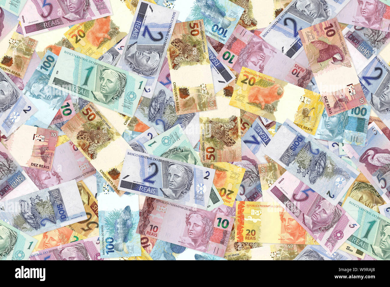 Motley Hintergrund von chaotisch verstreut Brasil Reals Banknoten abstrakte Nahtlose geometrische Muster Hintergrund. Stockfoto