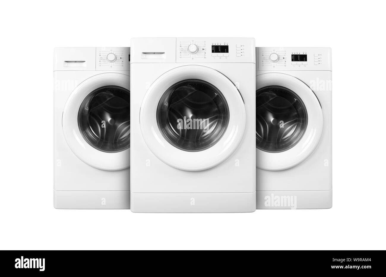 Major Appliance - Vorderansicht drei Waschmaschine auf weißem Hintergrund Stockfoto Major Appliance - Vorderansicht drei Waschmaschine auf weißem Hintergrund Stockfoto