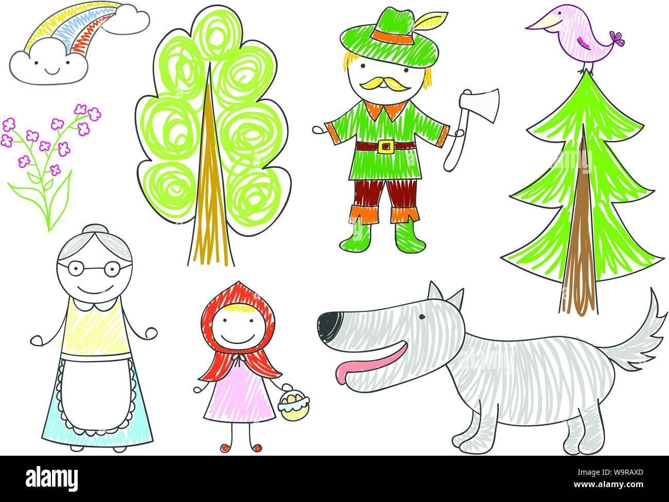 Vektor Skizzen mit Zeichen von 'Rotkäppchen' Märchen - Wolf, Großmutter, Mädchen und Holzfäller. Kid Zeichnung in doodle Stil Stock Vektor