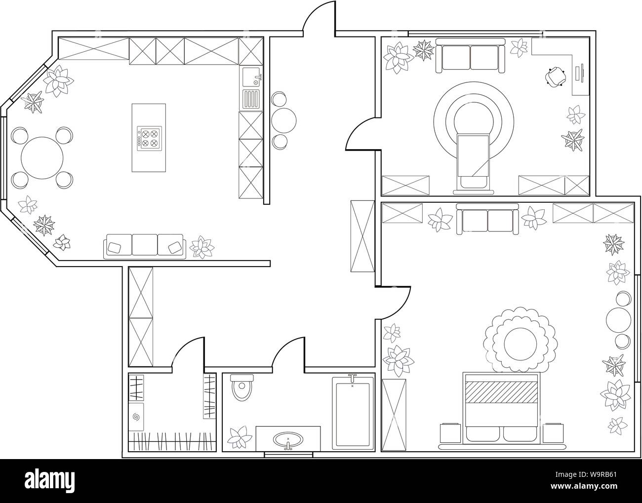Abstract vector Plan der 1-Schlafzimmer Appartement mit Küche, Bad, Schlafzimmer, Wohnzimmer, Esszimmer, Bibliothek. EPS8 Stock Vektor