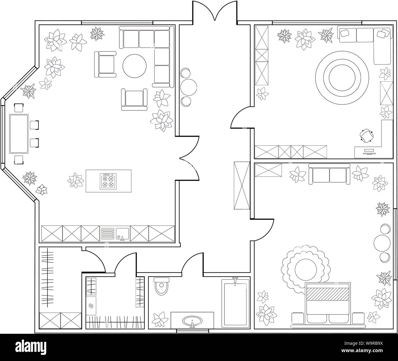 Abstract vector Plan der 1-Schlafzimmer Appartement mit Küche, Bad, Schlafzimmer, Wohnzimmer, Esszimmer, Bibliothek. EPS8 Stock Vektor