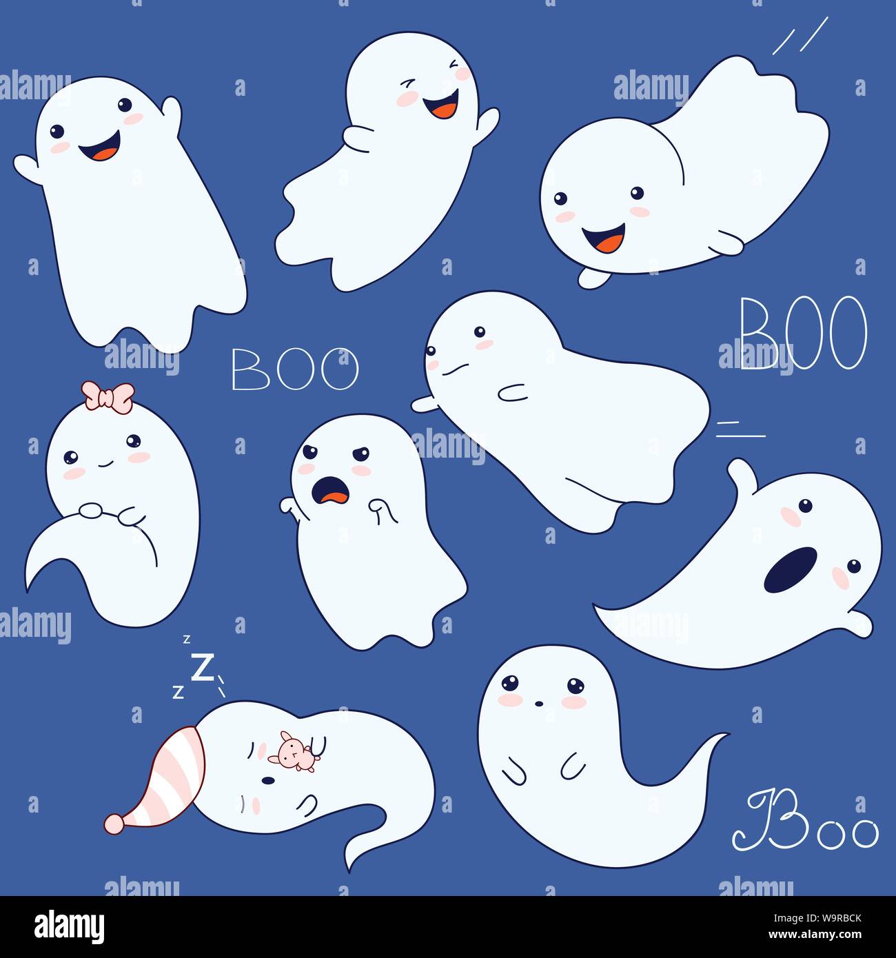 Einstellen der netten Geister mit verschiedenen Emotionen in kawaii Stil. Witzig, wütend, verwirrt, Schlafen, glücklich, unheimlich, Lachen, Spielen, fliegen. Für Halloween desi Stock Vektor