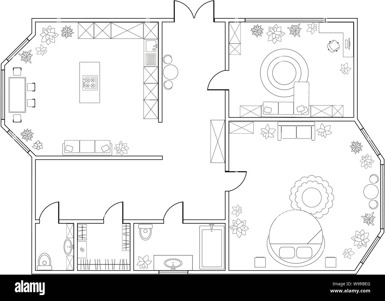 Abstract vector Plan der 1-Schlafzimmer Appartement mit Küche, Bad, Schlafzimmer, Wohnzimmer, Esszimmer, Bibliothek. EPS8 Stock Vektor