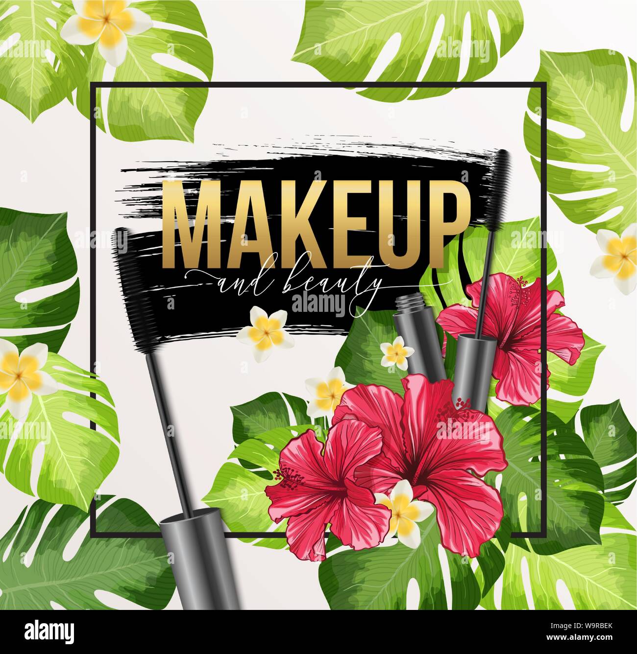 Make-up Kosmetik Banner-vorlage mit Mascara, Rahmen und Palmblättern. Golden Kalligraphie Text und Eyeliner Schwarz Pinselstrich Textur. Vektor realistische Abbildung. Golden Schlagzeile Stock Vektor