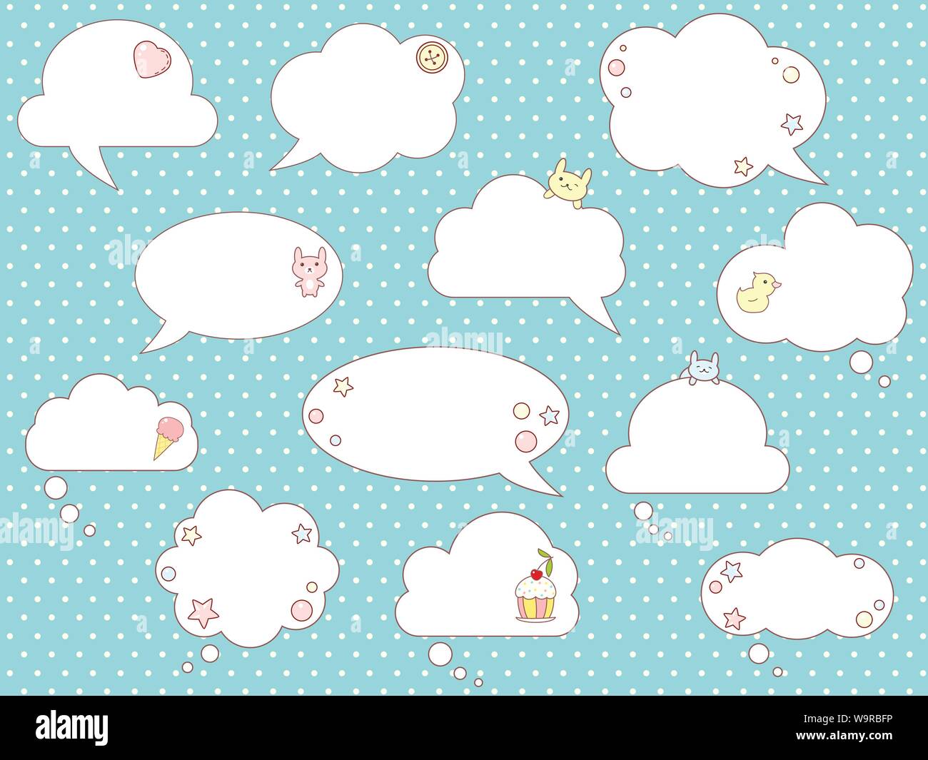 Sammlung von Vektor comic Sprechblasen mit niedlichen Kaninchen und Ente, in kawaii Stil. Auf Hintergrund mit dots Muster. EPS8 Stock Vektor