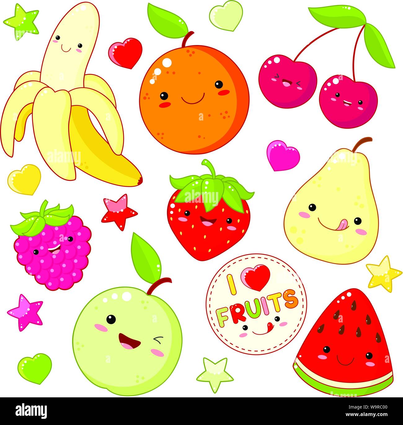 Satz von Niedlich süß Obst Symbole in kawaii Stil mit lächelnden Gesicht und rosa Wangen. Aufkleber mit Beschriftung I Früchte der Liebe. Apfel, Birne, Kirsche, orange, Stock Vektor