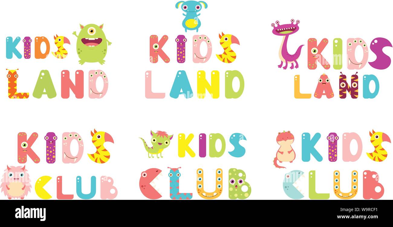 Satz von Kinderland und Kids Club Inschriften mit bunten Buchstaben in cute Cartoon Monster bilden. Für Kinder Design. EPS8 Stock Vektor