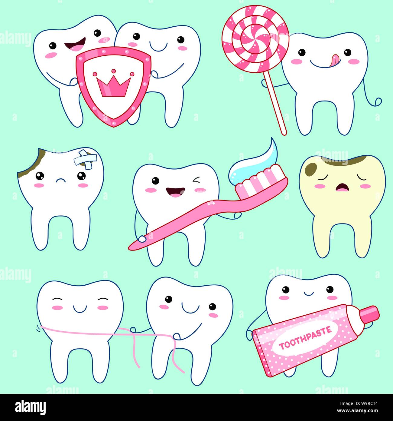 Satz von Süß lustig Zähne Symbole in kawaii Stil mit lächelnden Gesicht und rosa Wangen. Sammlung von Abbildungen auf das Thema Mundhygiene. EPS8 Stock Vektor