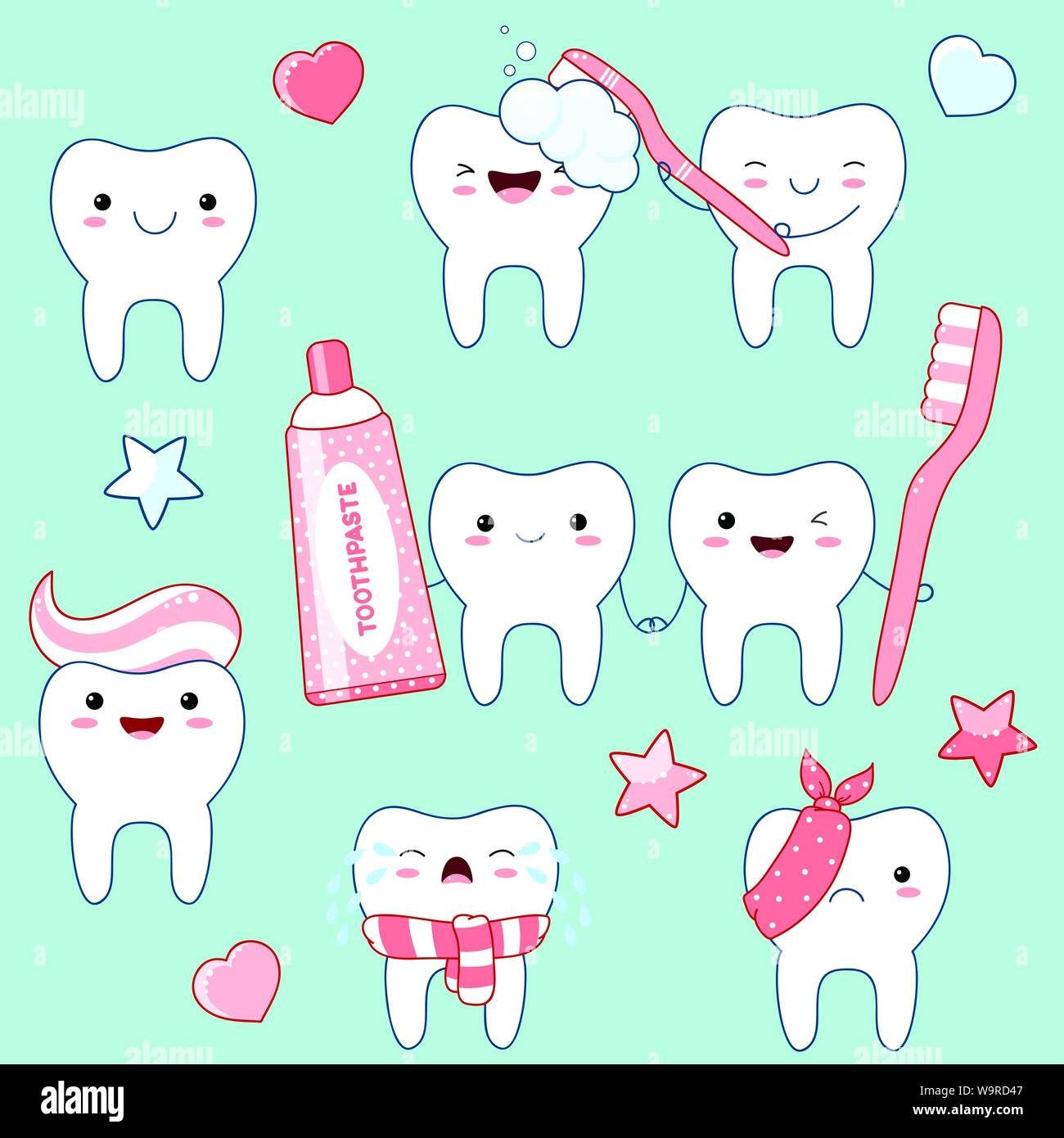 Satz von Süß lustig Zähne Symbole in kawaii Stil mit lächelnden Gesicht und rosa Wangen. Sammlung von Abbildungen auf das Thema Mundhygiene. EPS8 Stock Vektor