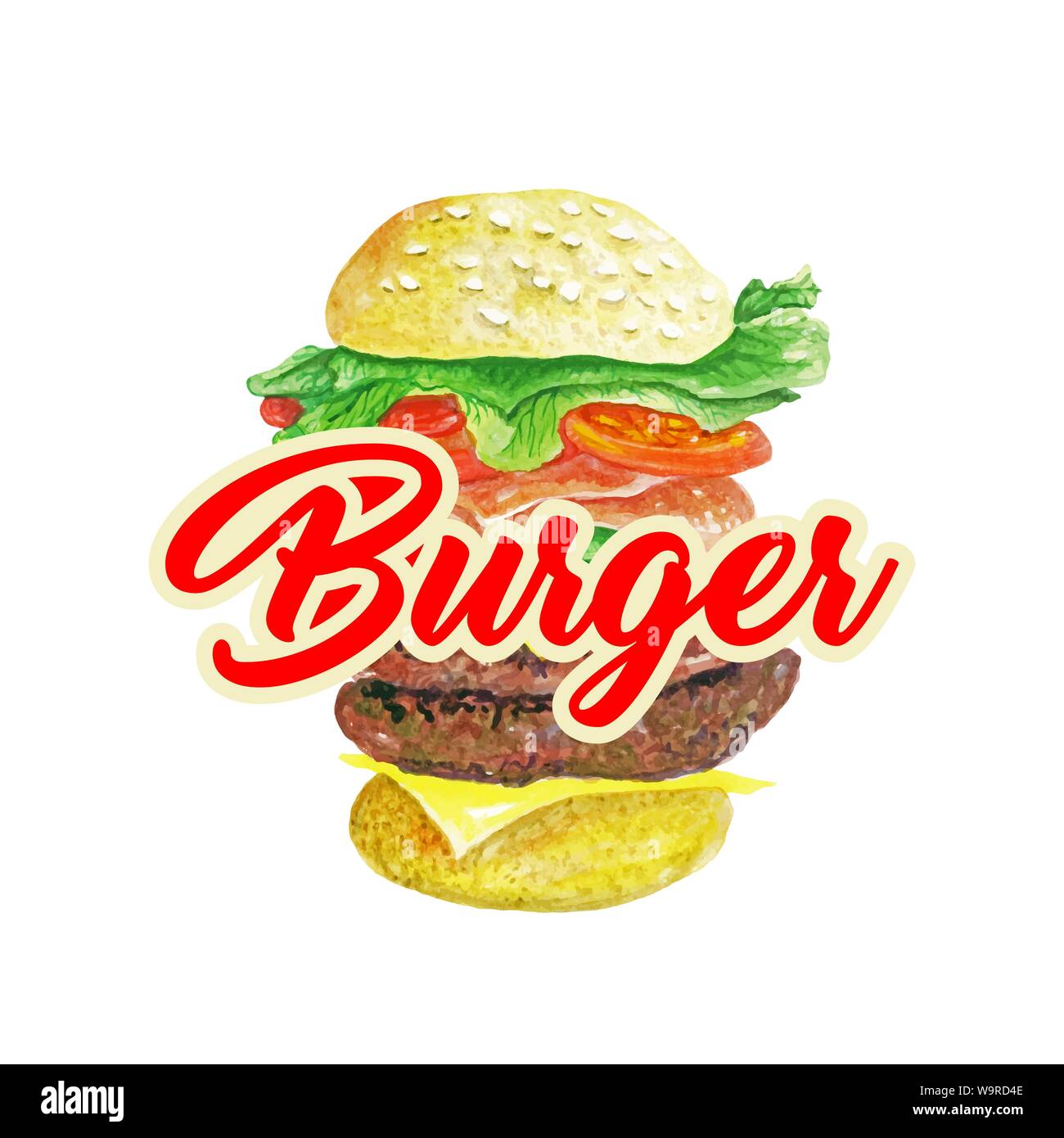 Burger Classic isoliert Vektor. Hamburger oder American Cheeseburger mit Salat Tomate Käse und Rindfleisch Raster Abbildung mit Schriftzug. Fast Food essen Konzept. Erstaunlich Sandwich King Size. Stock Vektor