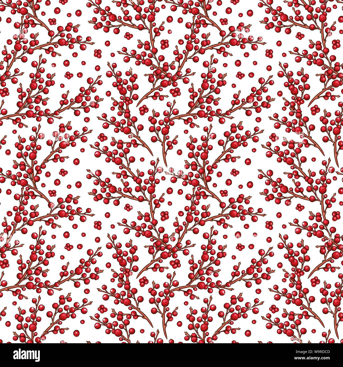 Rote Europäische Stechpalme (Ilex) Beeren nahtlose Vektor Muster. Weihnachten scrapbooking oder Hintergrund Design mit floralen Filialen. Vinter handdrawn Marker Abbildung Stock Vektor