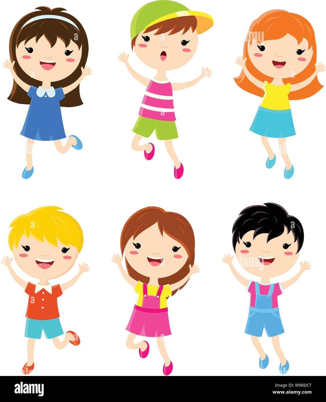 Happy Kids Springen Jungen Und Madchen Im Sommer Kleidung Vektor Einrichten Von Comicfiguren In Flachen Stil Eps8 Stock Vektorgrafik Alamy