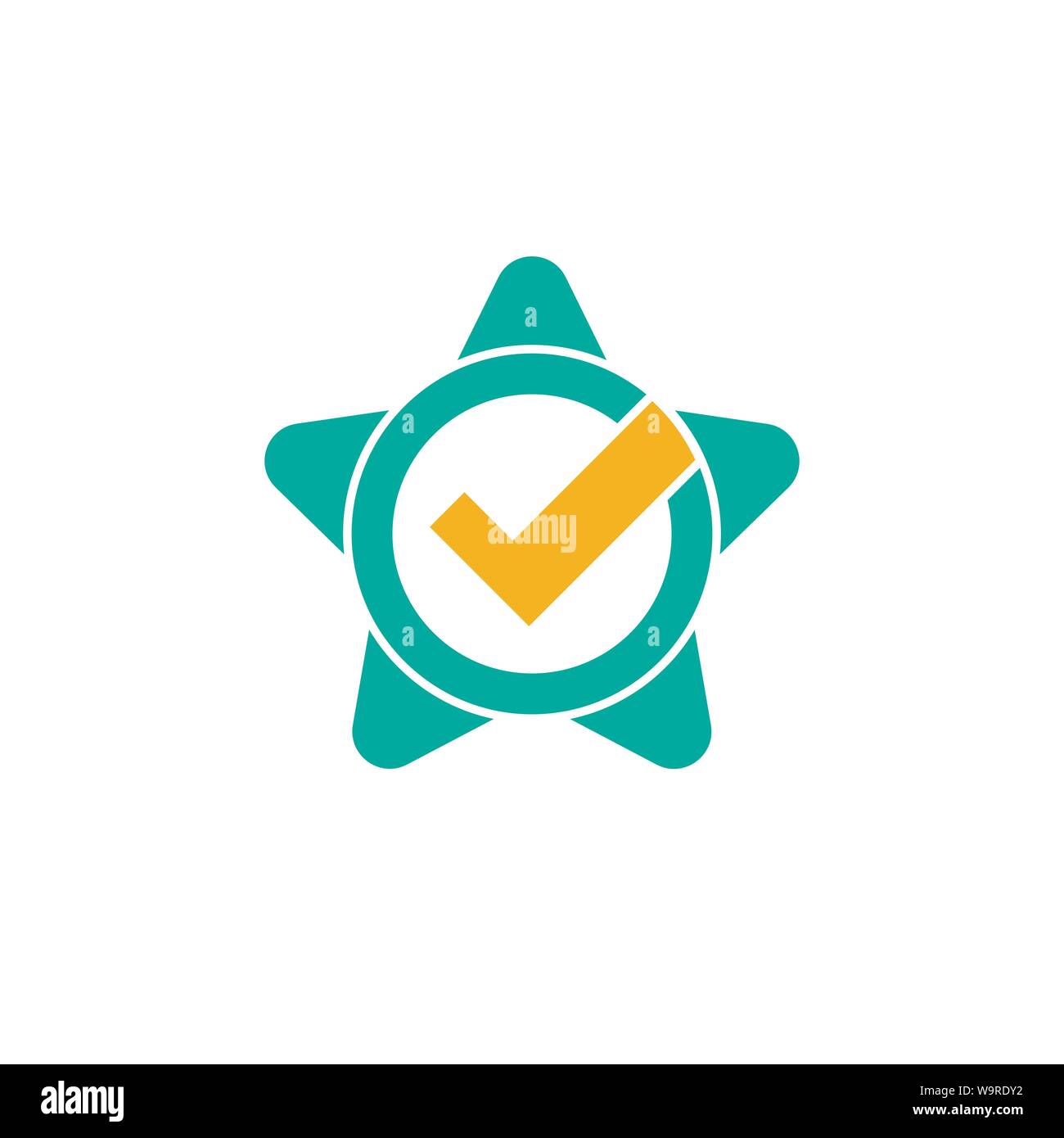 Gültige Dichtung Symbol. Blauer Kreis mit Band, Sterne und Gold an. Flache OK Aufkleber Symbol. Auf weiß Isoliert Stock Vektor