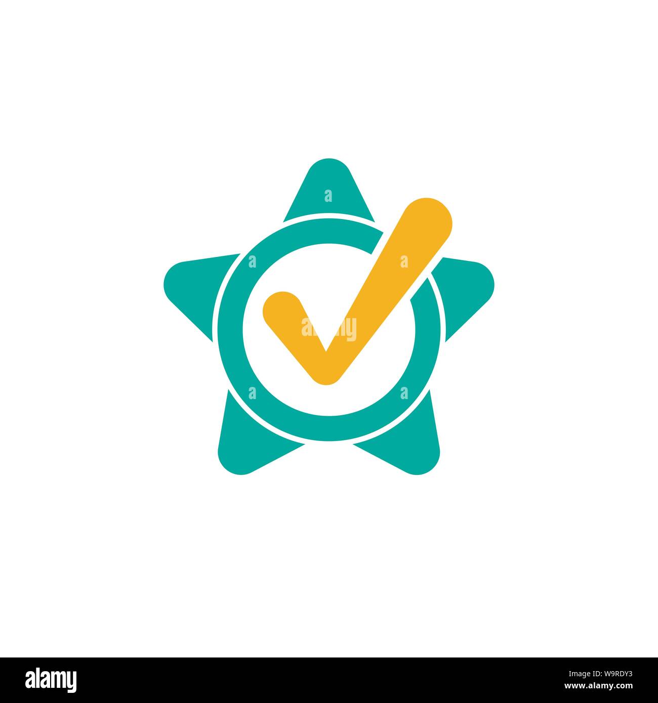 Gültige Dichtung Symbol. Blauer Kreis mit Band, Sterne und Gold an. Flache OK Aufkleber Symbol. Auf weiß Isoliert Stock Vektor