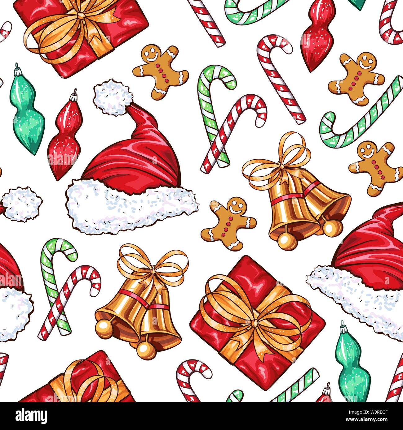 Weihnachten Dekoration Elemente nahtlose Muster. Traditionelle bunte Dekorationen. Geschenkbox, Socken, Glocken und xmas Santa Claus hat. Dekorative patchwork Textil, Einladungskarte, Geschenkpapier füllen Stock Vektor