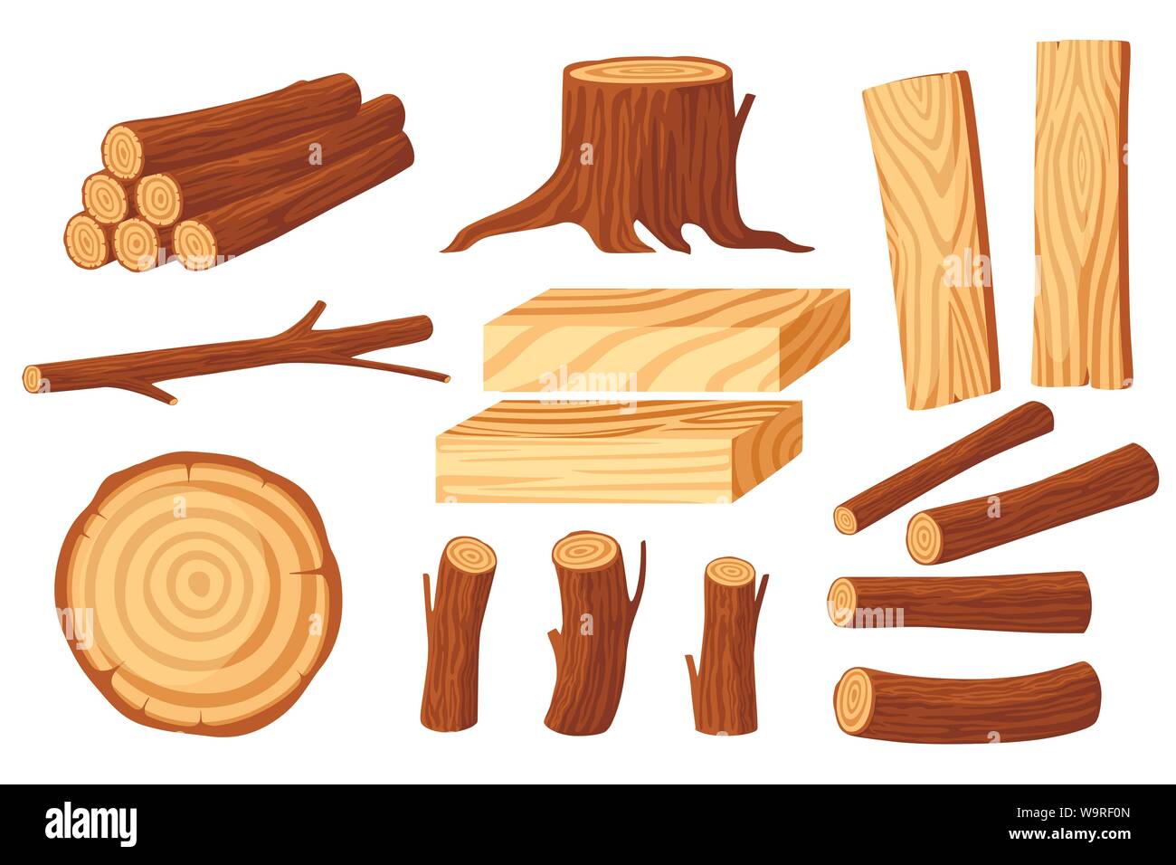 Satz von Rundholz für die Holzindustrie mit Trunks stumpf und Planken flachbild Vector Illustration auf weißem Hintergrund. Stock Vektor