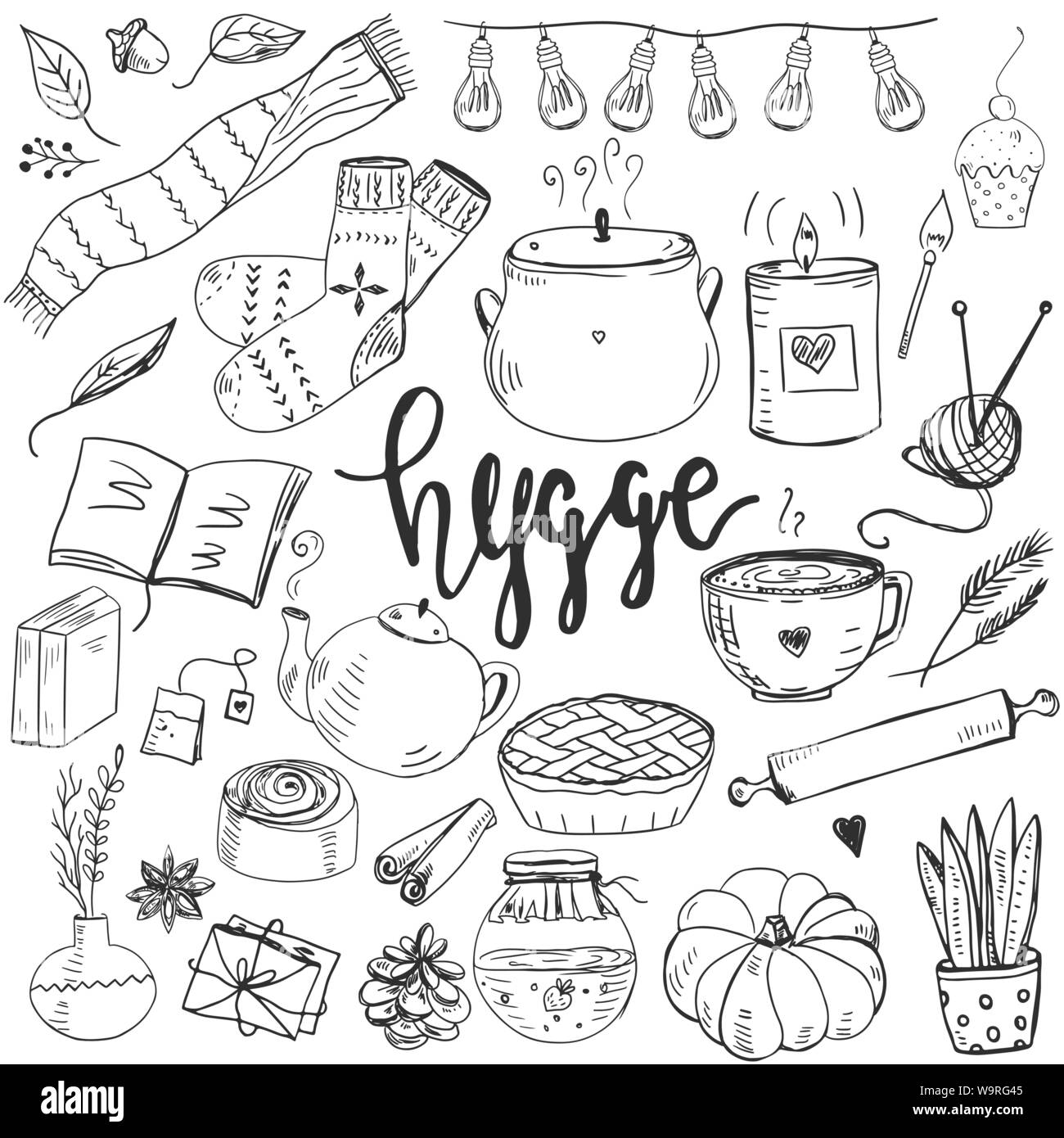 Satz von Hand cute elemtns Für die gemütliche Stimmung gezeichnet. Stock Vektor