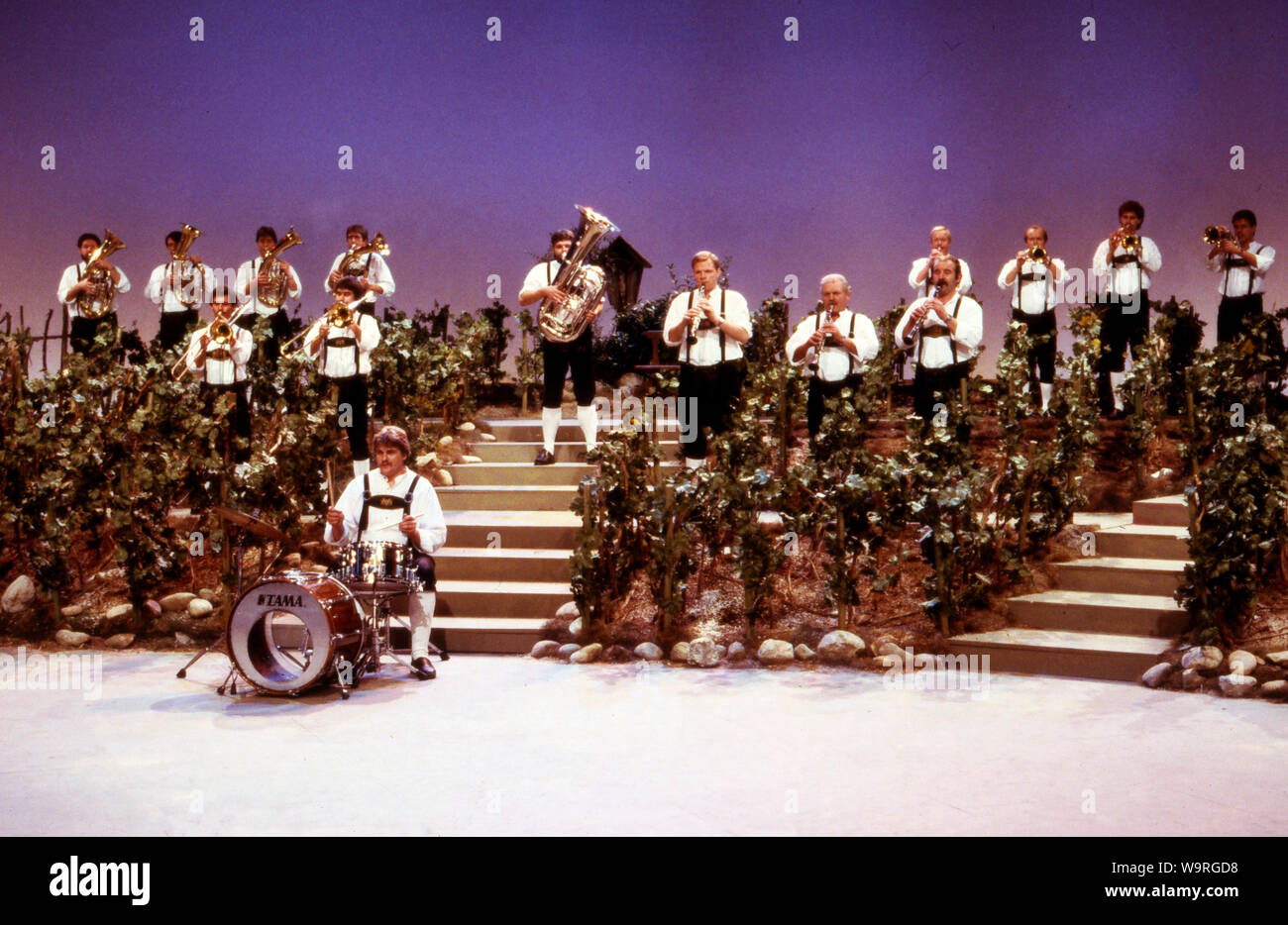 Die Volksmusikgruppe "aintaler Musikanten", Deutschland 1989. Deutsche Folklore Orchester "aintaler Musikanten", Deutschland 1989. Stockfoto