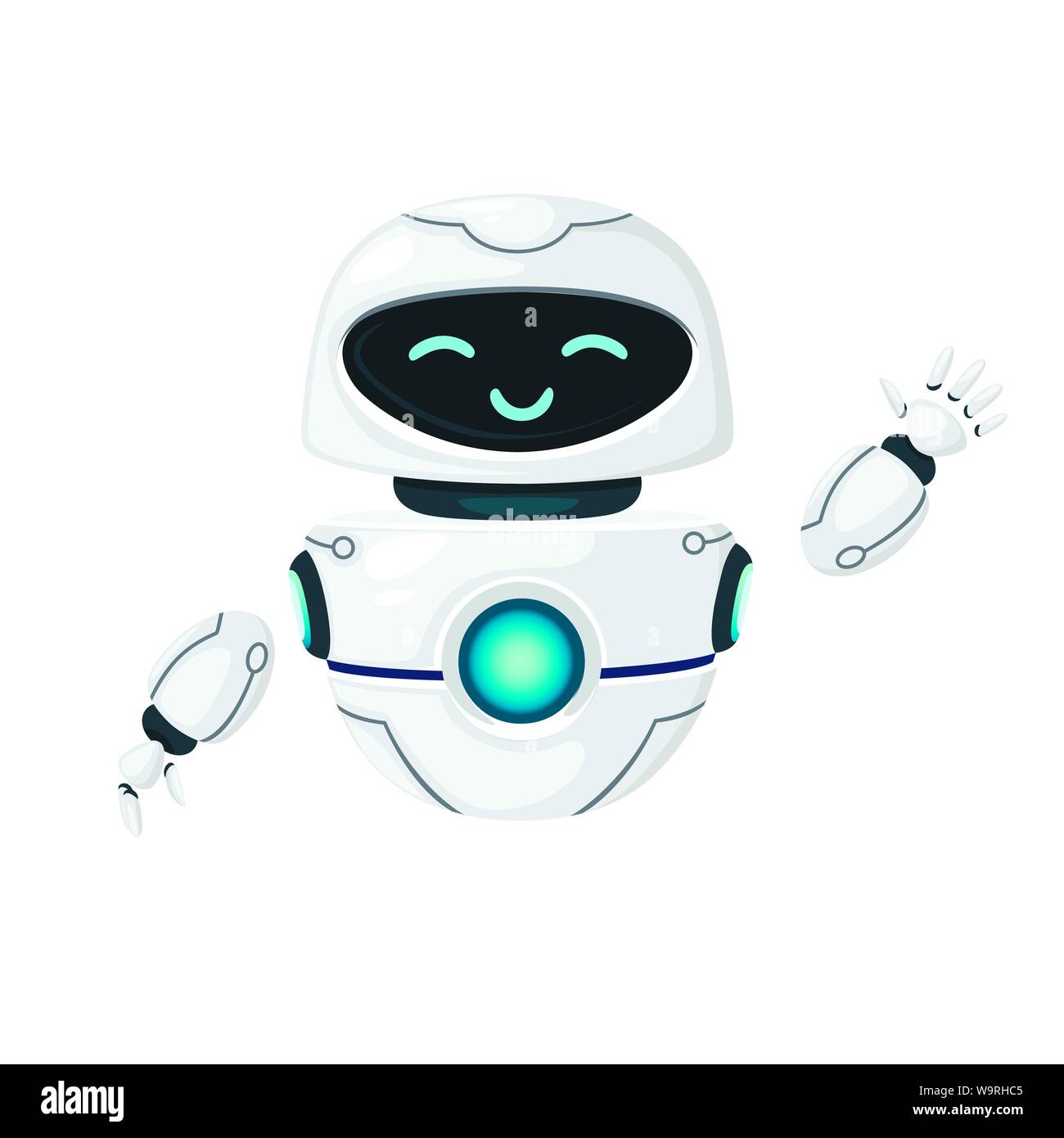 Niedlich, weißes, modernes levitierten Roboter Hand winken und mit glücklichen Gesicht flach Vector Illustration auf weißem Hintergrund Stock Vektor