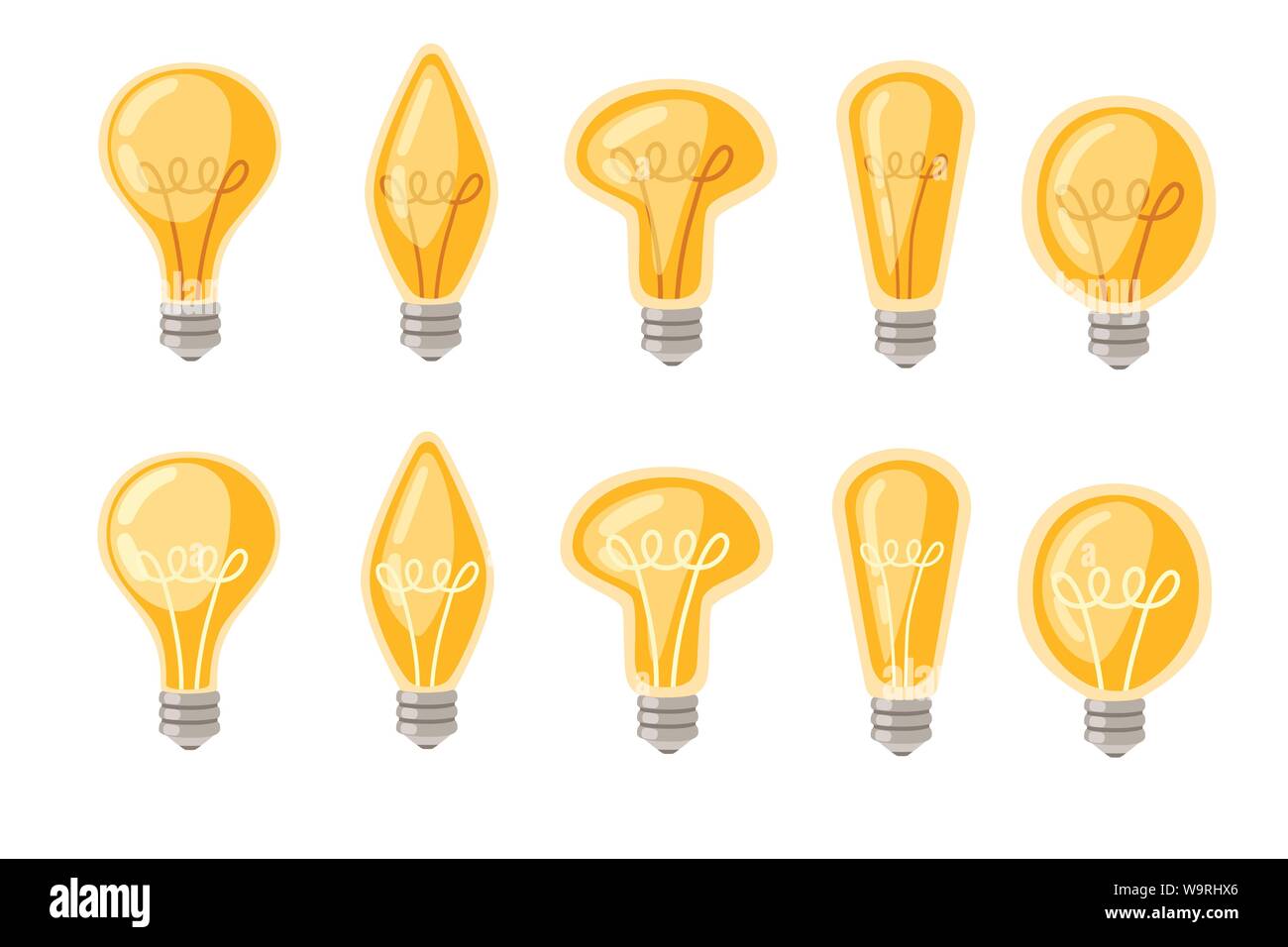 Satz flacher cartoon Glühlampen gelb retro Glühbirnen Vector Illustration auf weißem Hintergrund Stock Vektor