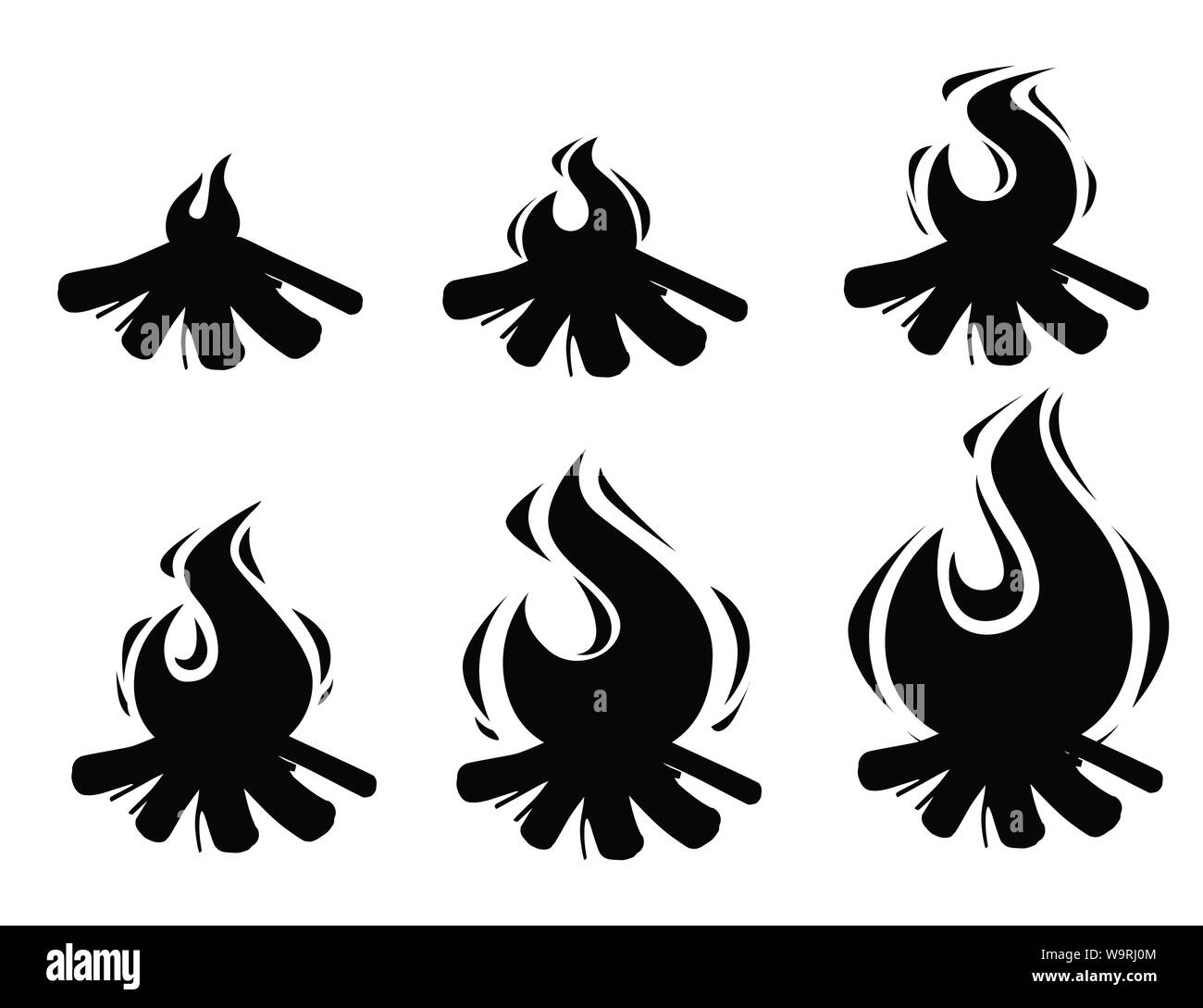Schwarze Silhouette von Lagerfeuer sprites brennenden Baumstämmen und Camping Steine flachbild Vector Illustration auf weißem Hintergrund Stock Vektor