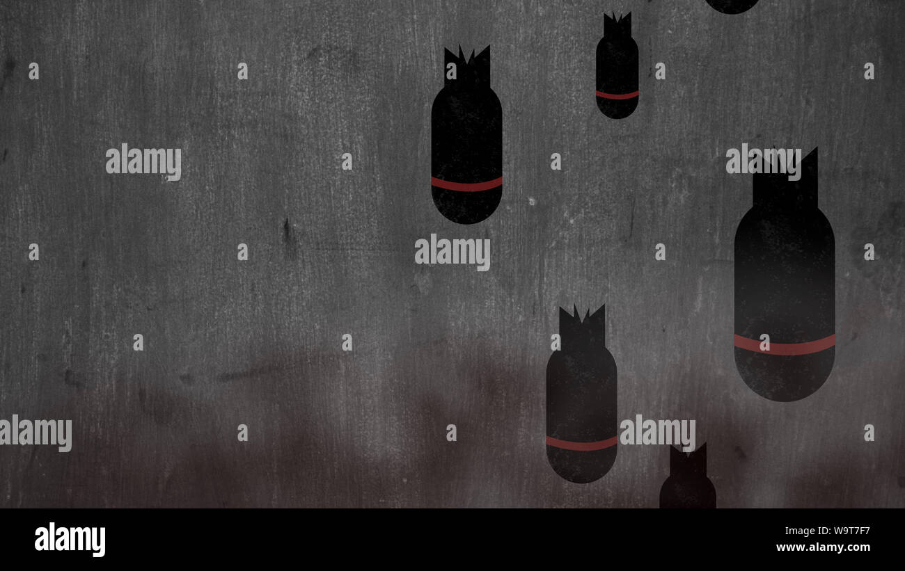 Bomben über smoky Hintergrund mit Platz für Ihr Logo oder Text. Grunge Abbildung des Krieges torpedo Hintergrund, cartoon Stop Krieg Konzept. Stockfoto