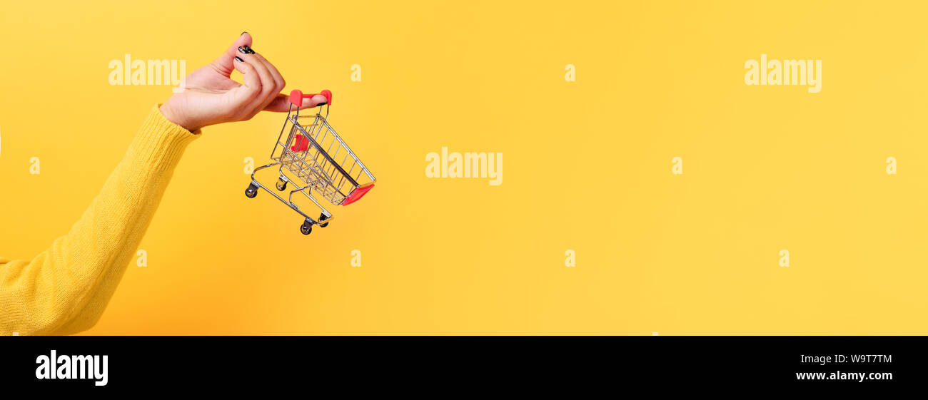 Einkaufen am Markt Geschäfte Konzept. Frau Hand kleine winzige Warenkorb Trolley über Trend gelben Hintergrund, Panoramablick Mock up Stockfoto